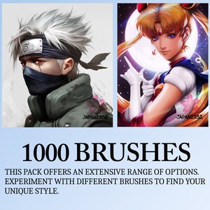 Op de afbeelding: Een digitaal kunstpakket met 1000 penseelstreken. De afbeelding toont twee anime-personages, een met zilver haar en een zwart masker, en de andere met blond haar en een blauw matrozenuniform. De tekst "1000 BRUSHES" wordt weergegeven in vetgedrukte, zwarte letters.