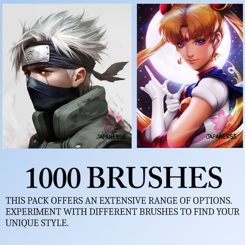 Op de afbeelding: Een digitaal kunstpakket met 1000 penseelstreken. De afbeelding toont twee anime-personages, een met zilver haar en een zwart masker, en de andere met blond haar en een blauw matrozenuniform. De tekst "1000 BRUSHES" wordt weergegeven in vetgedrukte, zwarte letters.