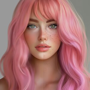 May include: A digital illustration of a woman with pink hair. Her hair is styled in loose waves and covers half of her face. She has green eyes and freckles on her face.