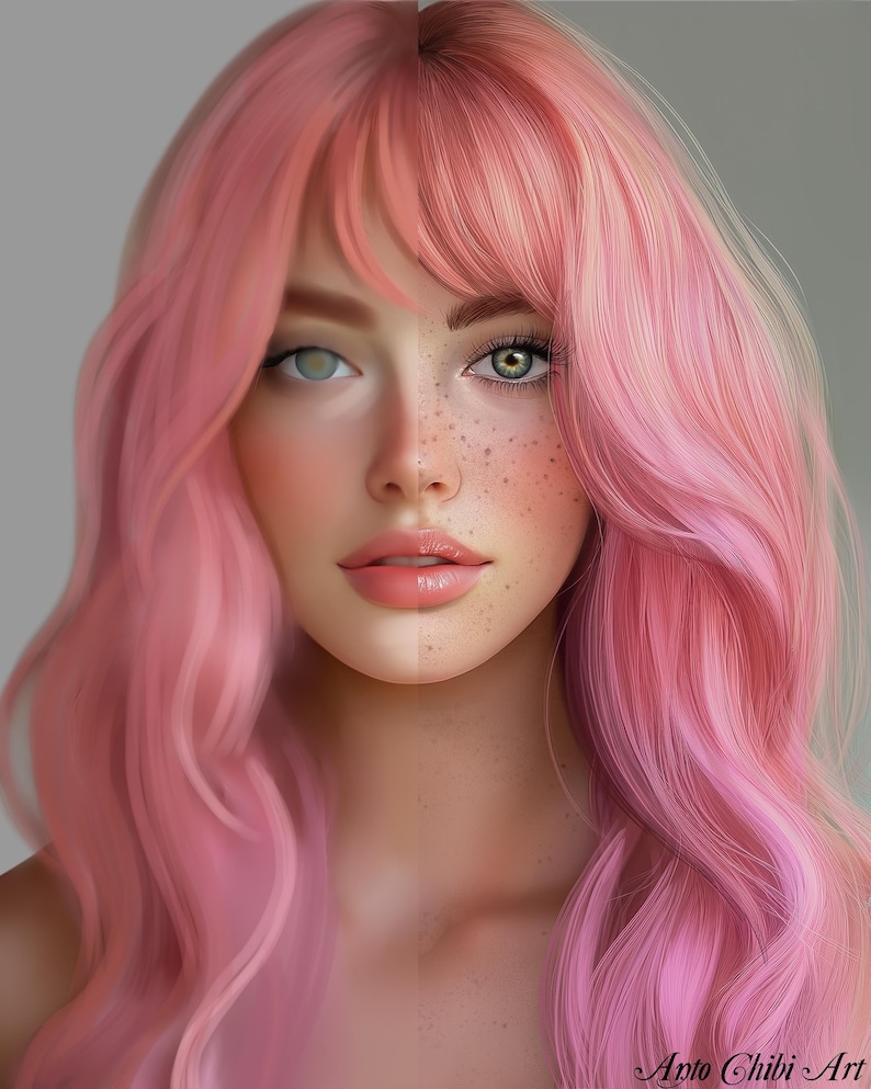 May include: A digital illustration of a woman with pink hair. Her hair is styled in loose waves and covers half of her face. She has green eyes and freckles on her face.