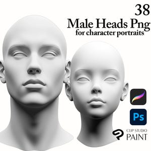May include: Two 3D rendered white male heads, one with a longer neck, are shown against a white background. The text "Male Heads Png for character portraits" is displayed above the heads. The text "38" is displayed in the upper right corner of the image. The text "Clip Studio Paint" is displayed in the lower right corner of the image.