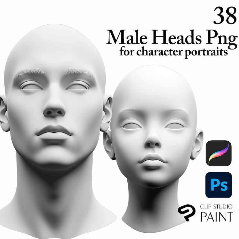 K&ouml;nnte beinhalten: Zwei wei&szlig;e, dreidimensional gerenderte M&auml;nnerk&ouml;pfe, einer mit einem l&auml;ngeren Hals, werden vor einem wei&szlig;en Hintergrund gezeigt. Der Text "Male Heads Png for character portraits" wird &uuml;ber den K&ouml;pfen angezeigt. Der Text "38" wird in der oberen rechten Ecke des Bildes angezeigt. Der Text "Clip Studio Paint" wird in der unteren rechten Ecke des Bildes angezeigt.