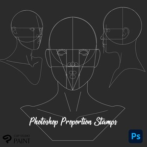 May include: Three black and white line drawings of a human head with facial proportions marked out. The text "Photoshop Proportion Stamps" is at the bottom of the image.