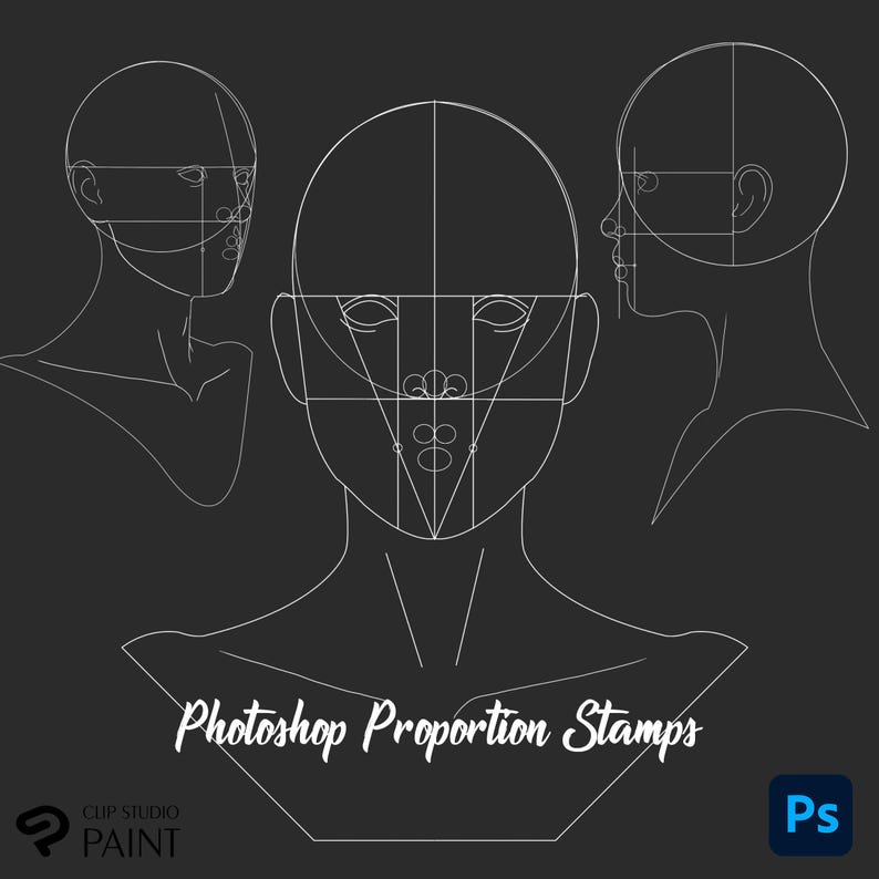May include: Three black and white line drawings of a human head with facial proportions marked out. The text "Photoshop Proportion Stamps" is at the bottom of the image.