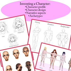K&ouml;nnte beinhalten: Ein digitaler Illustrationsleitfaden zum Erstellen von Charakteren. Der Leitfaden umfasst verschiedene K&ouml;rpertypen, Gesichtsausdr&uuml;cke und Archetypen. Der Text enth&auml;lt die W&ouml;rter "Inventing a Character", "Character profile", "Character design", "Narrative aspects", "Archetypes", "Skinny", "Athletic", "Bodybuilder", "Happiness", "Fear", "Embarrassment", und "Chubby".