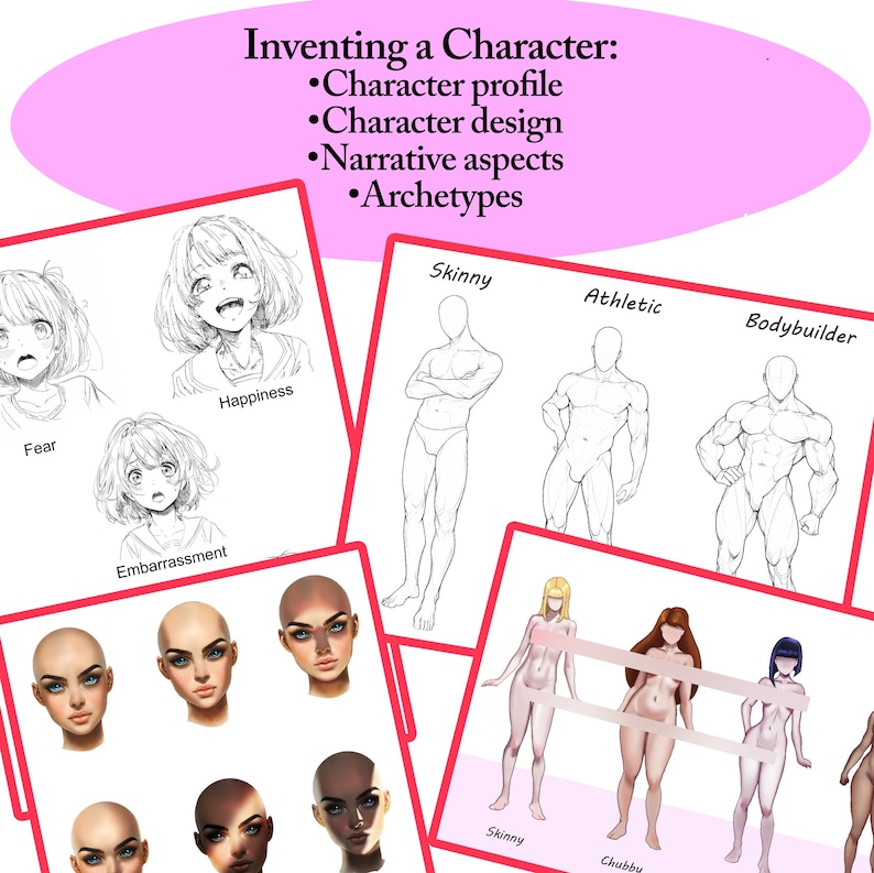 K&ouml;nnte beinhalten: Ein digitaler Illustrationsleitfaden zum Erstellen von Charakteren. Der Leitfaden umfasst verschiedene K&ouml;rpertypen, Gesichtsausdr&uuml;cke und Archetypen. Der Text enth&auml;lt die W&ouml;rter "Inventing a Character", "Character profile", "Character design", "Narrative aspects", "Archetypes", "Skinny", "Athletic", "Bodybuilder", "Happiness", "Fear", "Embarrassment", und "Chubby".