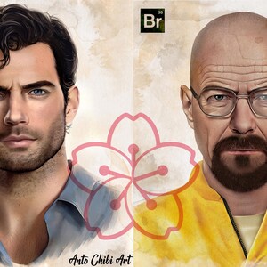 May include: A digital illustration of two men's faces. The man on the left has dark hair and blue eyes. The man on the right is bald and has a beard and glasses. The background is a watercolor wash of pink and yellow.