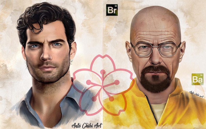 May include: A digital illustration of two men's faces. The man on the left has dark hair and blue eyes. The man on the right is bald and has a beard and glasses. The background is a watercolor wash of pink and yellow.