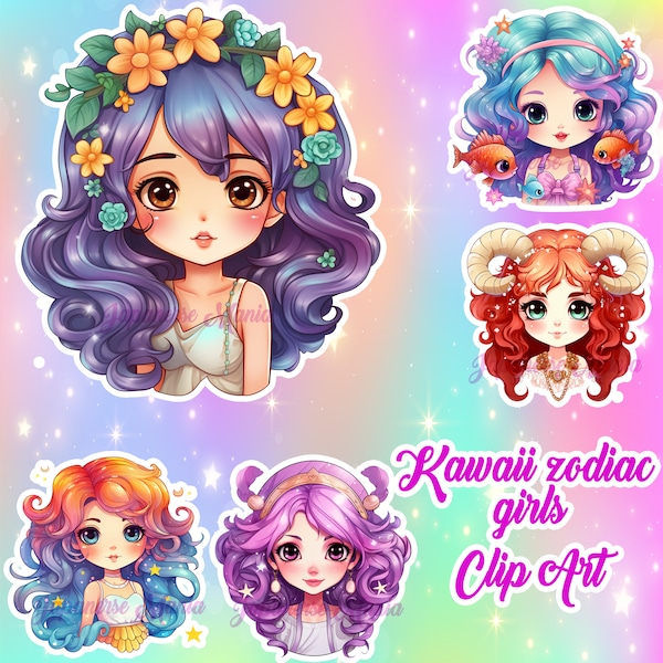 Zodiac girls clipart, Kawaii zodiac clipart, Zodiac Chibi - PNG - Full Commercial Use - Instant Download