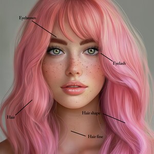 May include: A woman with pink hair, styled in loose waves, with a center part and bangs. Her eyebrows are defined, and she has long eyelashes. The hair is described as "hair fine" and "hair shape".