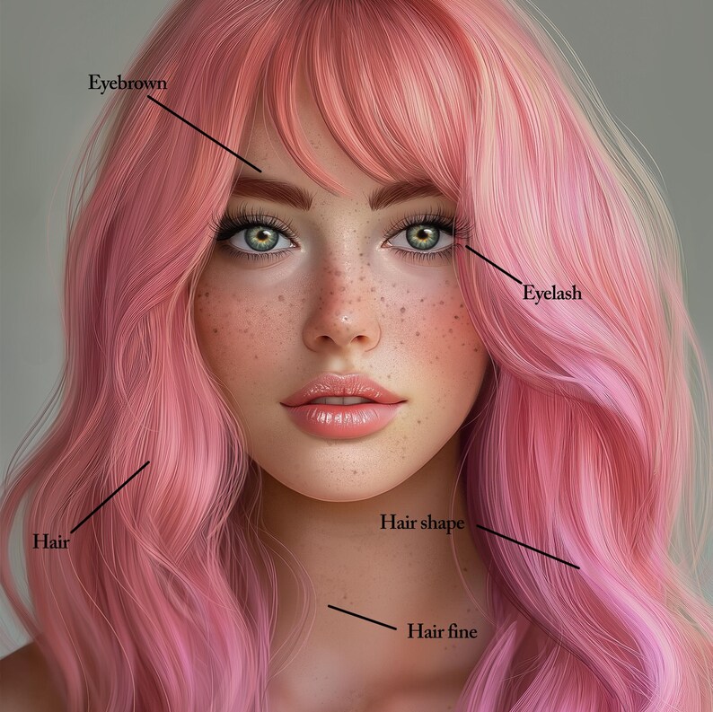 May include: A woman with pink hair, styled in loose waves, with a center part and bangs. Her eyebrows are defined, and she has long eyelashes. The hair is described as "hair fine" and "hair shape".