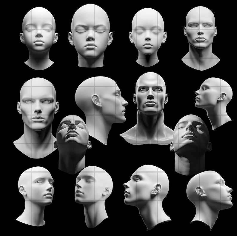 K&ouml;nnte beinhalten: Eine Sammlung von 13 wei&szlig;en Gips-Mannequin-K&ouml;pfen, jeder mit einem anderen Ausdruck und einer anderen Pose. Die K&ouml;pfe sind in einem Rastermuster vor einem schwarzen Hintergrund angeordnet.
