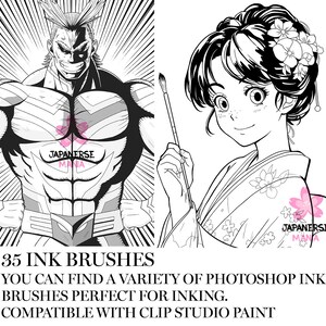 Op de afbeelding: Een zwart-witte illustratie van een gespierd figuur met de tekst "JAPANERSE MANIA" op de borst.  Een zwart-witte illustratie van een vrouw met een bloem in haar haar die een penseel vasthoudt.  De tekst "35 INK BRUSHES" staat onder de afbeeldingen.  De tekst "YOU CAN FIND A VARIETY OF PHOTOSHOP INK BRUSHES PERFECT FOR INKING. COMPATIBLE WITH CLIP STUDIO PAINT" staat onder de tekst "35 INK BRUSHES".