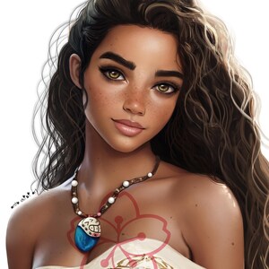 May include: A digital illustration of a woman with long, curly brown hair. She has brown skin, green eyes, and is wearing a white top with a floral design. She is also wearing a necklace with a blue pendant.