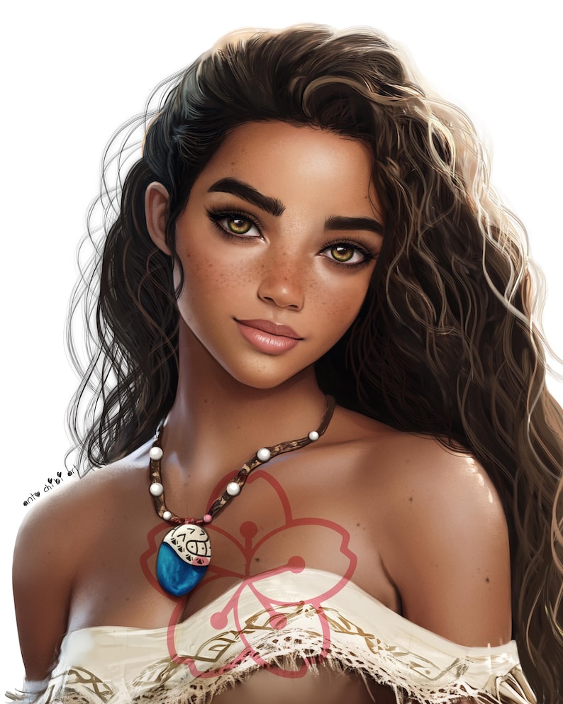 May include: A digital illustration of a woman with long, curly brown hair. She has brown skin, green eyes, and is wearing a white top with a floral design. She is also wearing a necklace with a blue pendant.