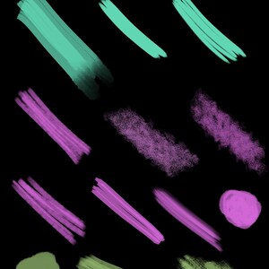 May include: Abstract digital art featuring a variety of brushstrokes in shades of green, purple, and pink. The brushstrokes are arranged in a random pattern on a black background.