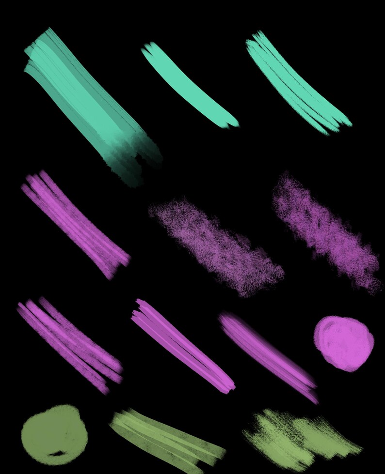 May include: Abstract digital art featuring a variety of brushstrokes in shades of green, purple, and pink. The brushstrokes are arranged in a random pattern on a black background.