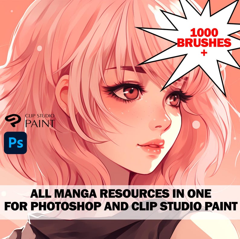 Op de afbeelding: Een anime-personage met roze haar, grote ogen en een zachte glimlach. De afbeelding bevat de tekst "1000 BRUSHES +" en "ALL MANGA RESOURCES IN ONE FOR PHOTOSHOP AND CLIP STUDIO PAINT".