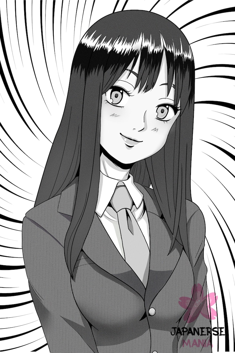 Pode incluir: Uma ilustra&ccedil;&atilde;o em preto e branco de uma mulher com cabelo preto comprido vestindo um blazer cinza e uma camisa branca de colarinho com uma gravata cinza. O fundo &eacute; um padr&atilde;o de redemoinho.