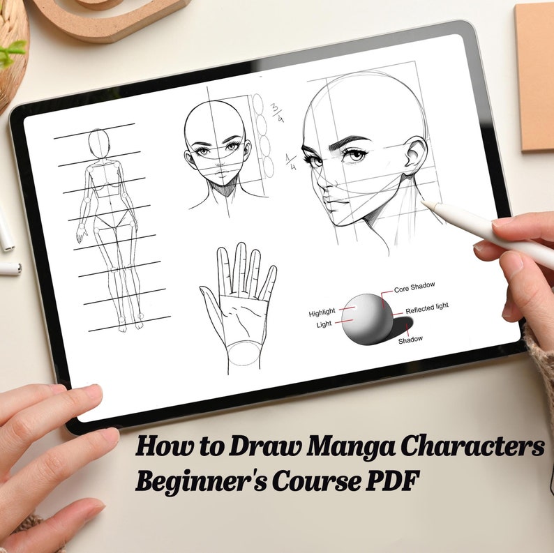 K&ouml;nnte beinhalten: Ein digitales Zeichentablett mit einem Stift, das ein Tutorial zum Zeichnen von Manga-Charakteren zeigt. Das Tutorial umfasst eine Ganzk&ouml;rperfigur, eine Nahaufnahme einer Hand und ein Gesicht mit Schattierungs- und Beleuchtungstechniken.