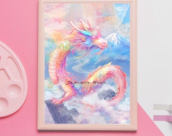 Watercolor Dragon Print, Rainbow Pastel Dragon Wall Art, Chinese Dragon Art Print, Rainbow Dragon Wall Decor