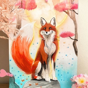 火の足キツネ水彩画プリント - 壁アート、キツネ、キツネ火、日本