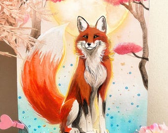 火の足キツネ水彩画プリント - 壁アート、キツネ、キツネ火、日本
