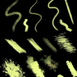 May include: A collection of abstract brushstrokes in various shades of green on a black background. The brushstrokes are in different shapes and sizes, including lines, swirls, and dots.