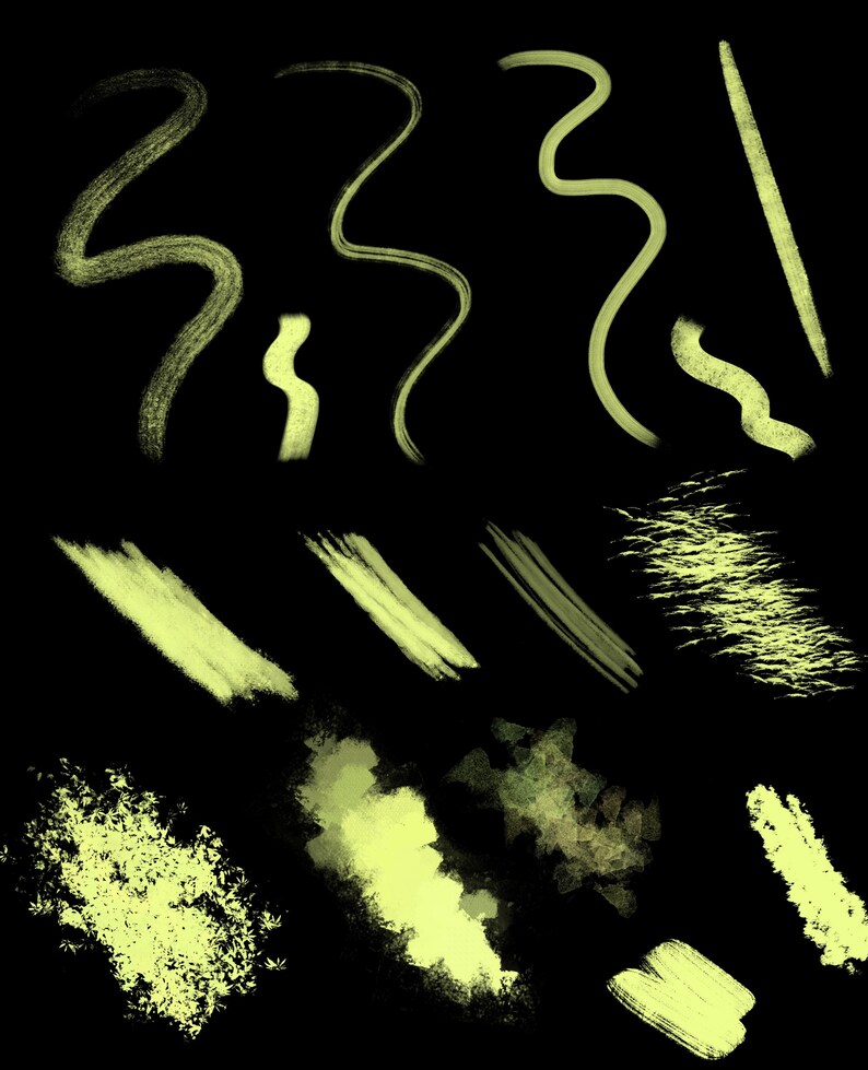 May include: A collection of abstract brushstrokes in various shades of green on a black background. The brushstrokes are in different shapes and sizes, including lines, swirls, and dots.