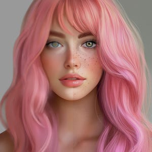 May include: A digital illustration of a woman with pink hair. Her face is split in half, with one side showing freckles and the other side without. The background is a light gray.
