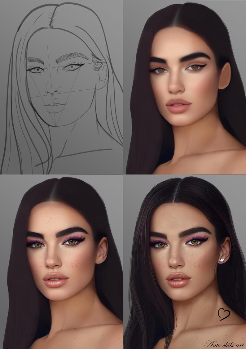 May include: A digital illustration of a woman with long dark hair, wearing pink eyeshadow and eyeliner. She has a small heart tattoo on her neck and the text "Into chibi art" is visible at the bottom of the image.