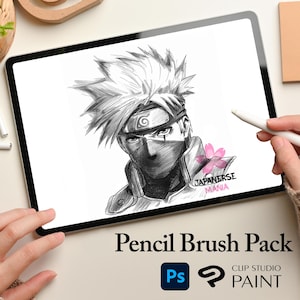 May include: A digital drawing of a character with spiky white hair, wearing a black mask, on a white background. The drawing is on a tablet screen. The text "JAPANESE MANIA" is visible in the bottom right corner of the image. The text "Pencil Brush Pack" is below the tablet screen. The logos for Photoshop and Clip Studio Paint are below the text.