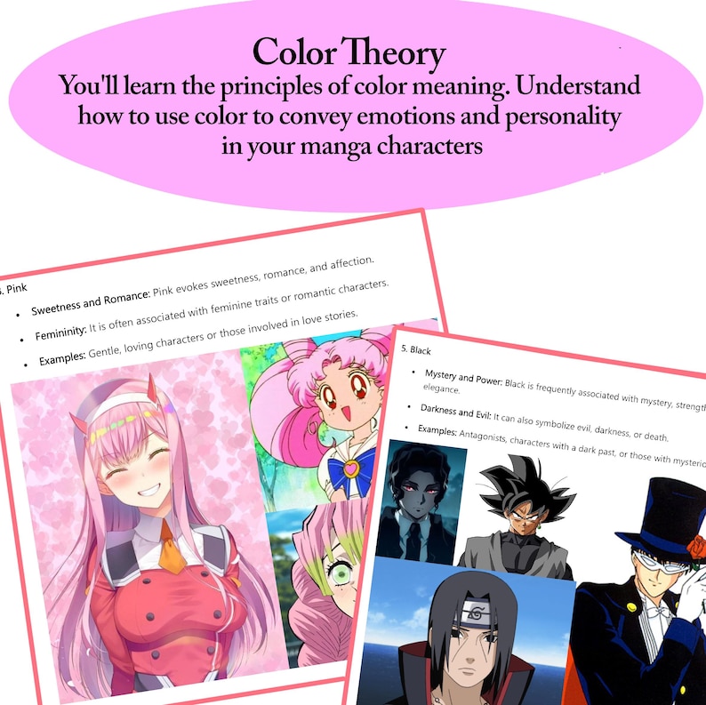 K&ouml;nnte beinhalten: Eine Grafik, die erkl&auml;rt, wie man Farbe verwendet, um Emotionen und Pers&ouml;nlichkeit in Manga-Charakteren zu vermitteln. Die Grafik zeigt Beispiele f&uuml;r rosa und schwarze Charaktere. Der Text lautet: "S&uuml;&szlig;e und Romantik: Rosa evoziert S&uuml;&szlig;e, Romantik und Zuneigung." und "Mysterium und Macht: Schwarz wird h&auml;ufig mit Mysterium, St&auml;rke und Eleganz in Verbindung gebracht."