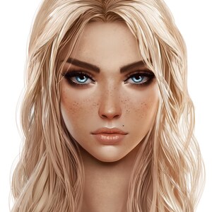 May include: A close-up portrait of a woman with long, wavy, light blonde hair. She has blue eyes, freckles, and a neutral expression.