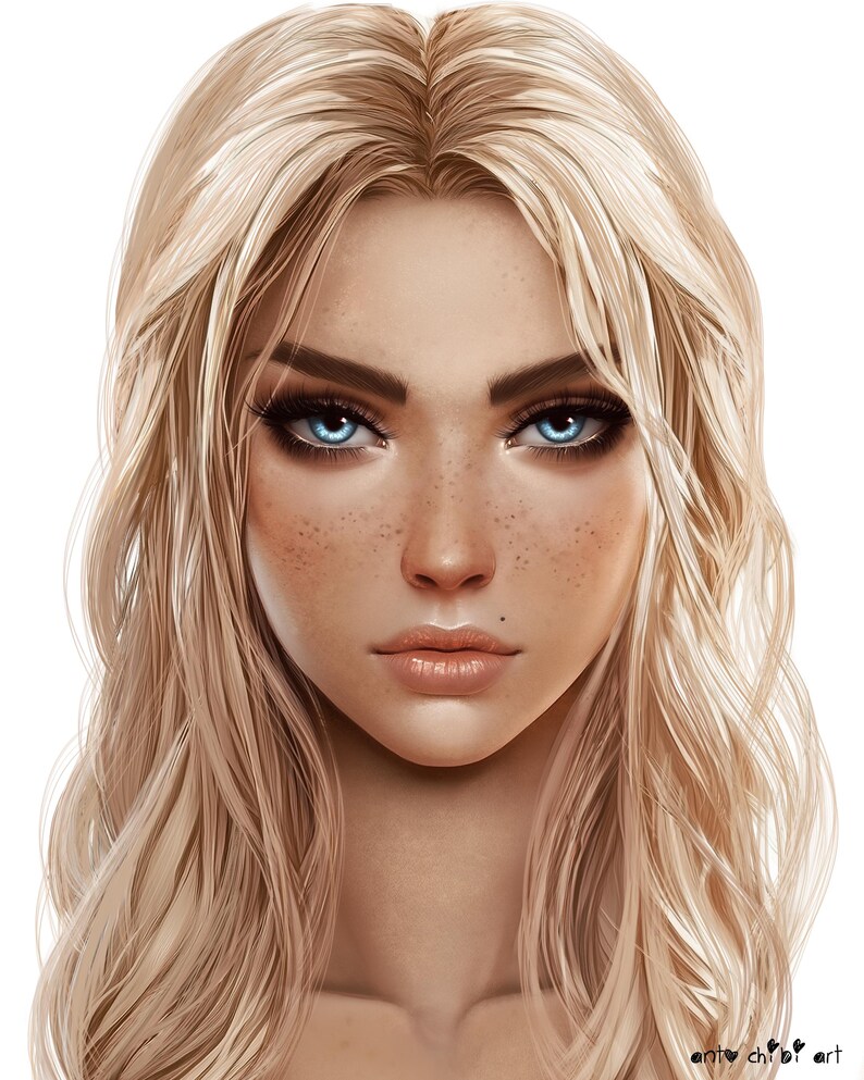 May include: A close-up portrait of a woman with long, wavy, light blonde hair. She has blue eyes, freckles, and a neutral expression.