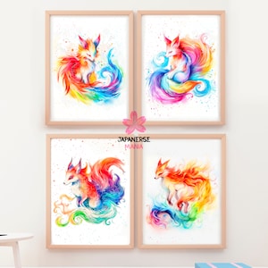 Watercolor Japanese Kitsune Print, Nine Tailed Fox Kitsune Wall Art, Kitsune Art Print, Rainbow Kitsune Wall Decor
