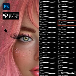 May include: A close-up of a digital illustration of a woman's eye with pink hair. The image includes a set of white brush strokes labeled with numbers and descriptions of different types of eyelashes, including upper eyelashes, lower eyelashes, eyeliner, and closed eye eyelashes.