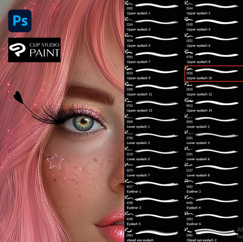 May include: A close-up of a digital illustration of a woman's eye with pink hair. The image includes a set of white brush strokes labeled with numbers and descriptions of different types of eyelashes, including upper eyelashes, lower eyelashes, eyeliner, and closed eye eyelashes.