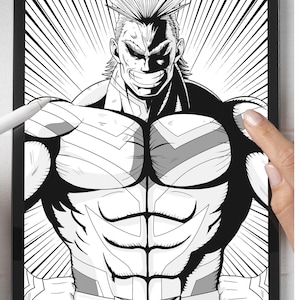Pode incluir: Ilustra&ccedil;&atilde;o em preto e branco de um super-her&oacute;i musculoso com cabelo espetado e uma express&atilde;o determinada. O super-her&oacute;i &eacute; desenhado em estilo de banda desenhada com um fundo din&acirc;mico.