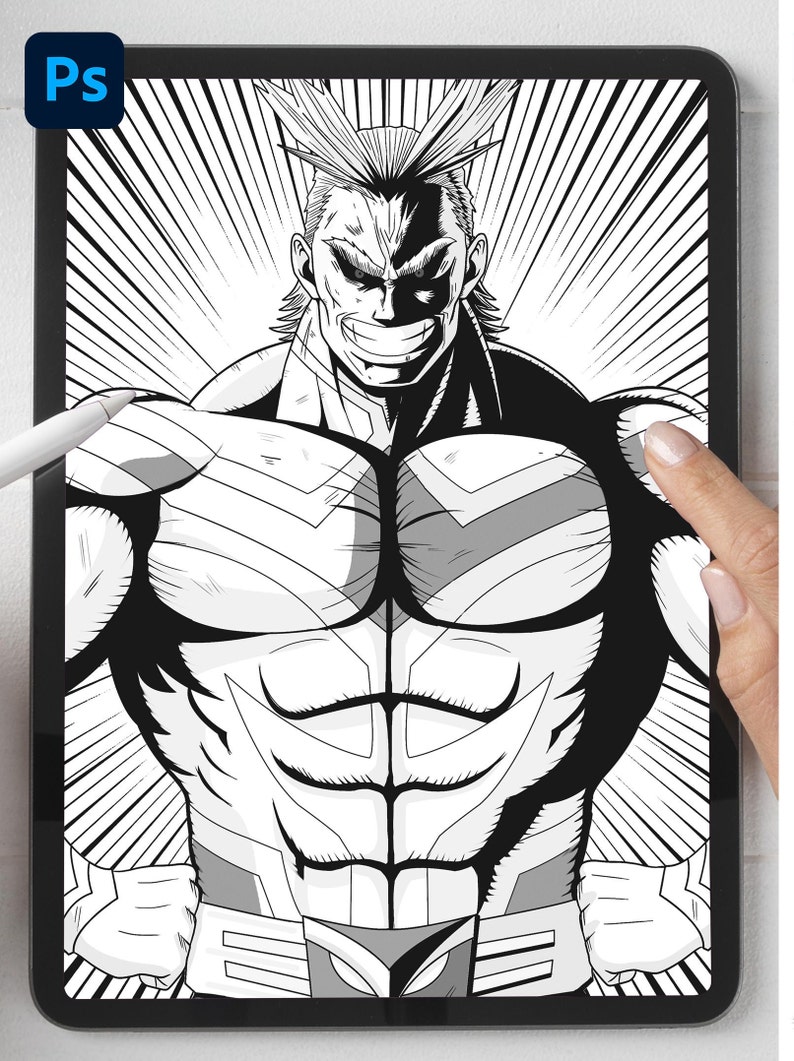 Pode incluir: Ilustra&ccedil;&atilde;o em preto e branco de um super-her&oacute;i musculoso com cabelo espetado e uma express&atilde;o determinada. O super-her&oacute;i &eacute; desenhado em estilo de banda desenhada com um fundo din&acirc;mico.