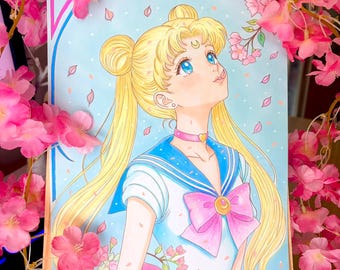 Anime Sakura Girl Portrait Painting – Handmade Moon Princess Artwork