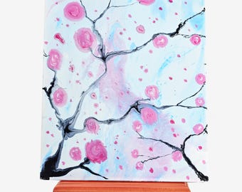 Abstract Japanese painting -  Original Fluid Japanese landscape painting - Cherry Blossoms Fluid Painting