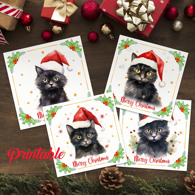 Printable Black Cat Christmas Cards Christmas Black Cat Cards Black Cat Lovers Christmas Card