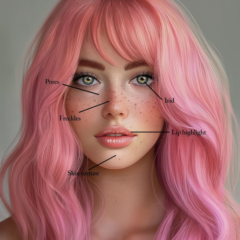 May include: Close-up of a woman's face with pink hair. Her skin has visible pores, freckles, and a subtle lip highlight. The image is labeled with the words "pores", "freckles", "Irid", "Lip highlight", and "Skin texture".