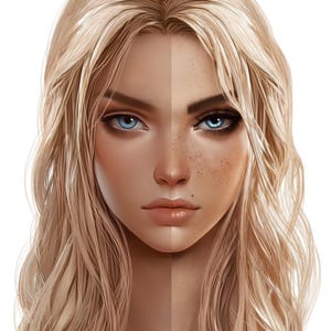 May include: A side-by-side comparison of a woman's face, one side with a smooth, flawless complexion and the other side with freckles and skin texture. The woman has blonde hair and blue eyes.