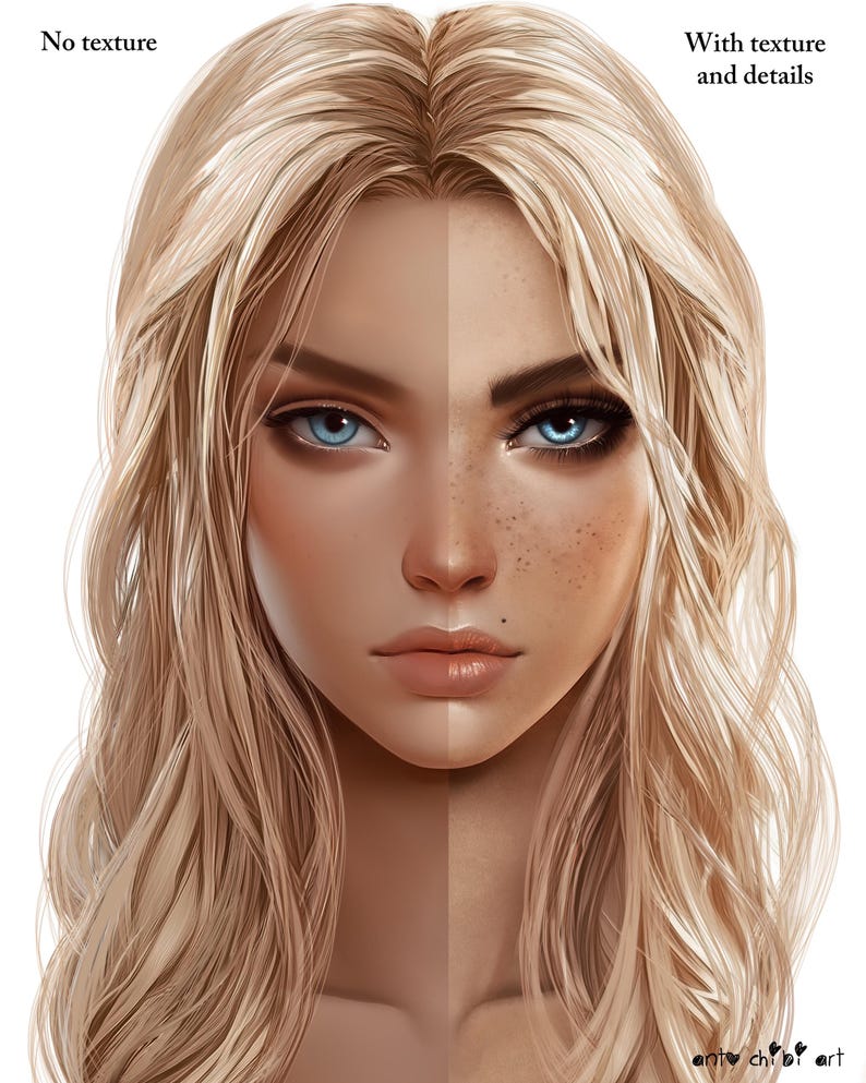 May include: A side-by-side comparison of a woman's face, one side with a smooth, flawless complexion and the other side with freckles and skin texture. The woman has blonde hair and blue eyes.