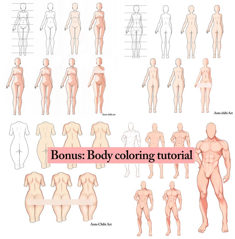 K&ouml;nnte beinhalten: Eine digitale Illustration eines K&ouml;rperzeichnungstutorials mit mehreren Posen von m&auml;nnlichen und weiblichen Figuren. Das Tutorial enth&auml;lt einen Bonusabschnitt &uuml;ber das Einf&auml;rben von K&ouml;rpern.
