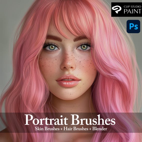 130 Photoshop Portrait Brushes: Photoshop Skin Brushes + Photoshop Hair Brushes + Blender - Clip Studio Paint brushes for digital portrait