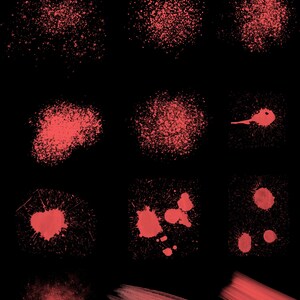 May include: A collection of 12 red paint splatters and brushstrokes on a black background. The splatters range in size and shape, from small dots to large, irregular shapes. The brushstrokes are long and thin, with a slightly textured appearance.
