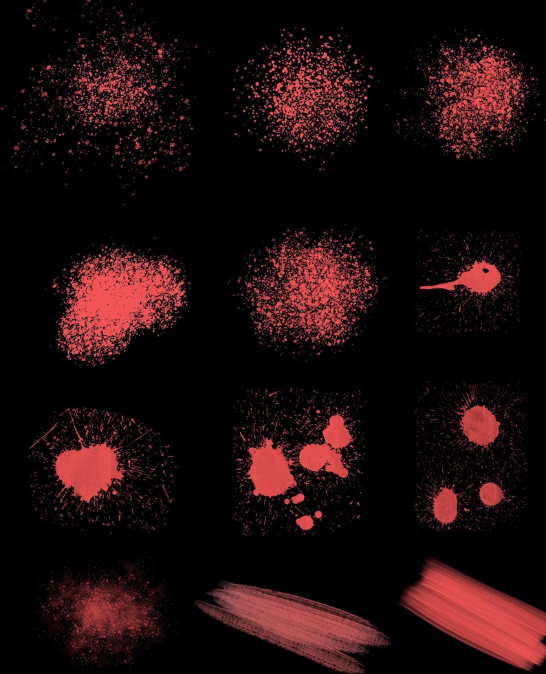 May include: A collection of 12 red paint splatters and brushstrokes on a black background. The splatters range in size and shape, from small dots to large, irregular shapes. The brushstrokes are long and thin, with a slightly textured appearance.